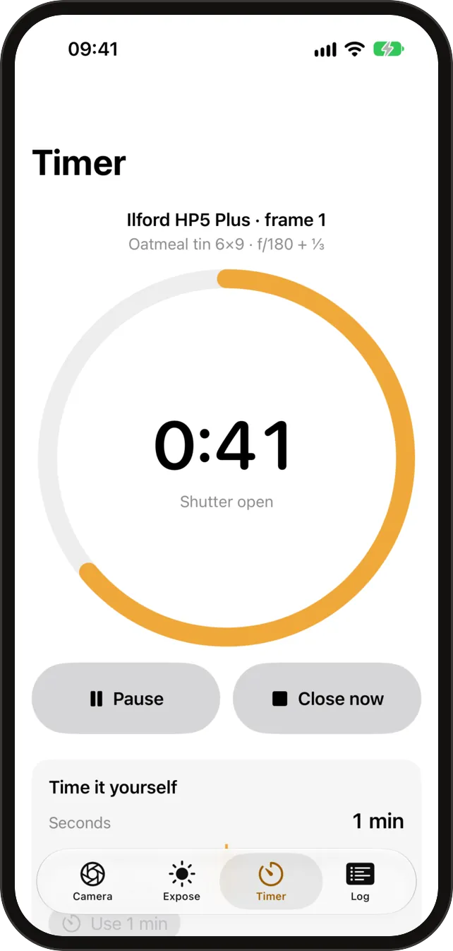 O timer de exposição em contagem regressiva, com Pausar e Fechar agora
