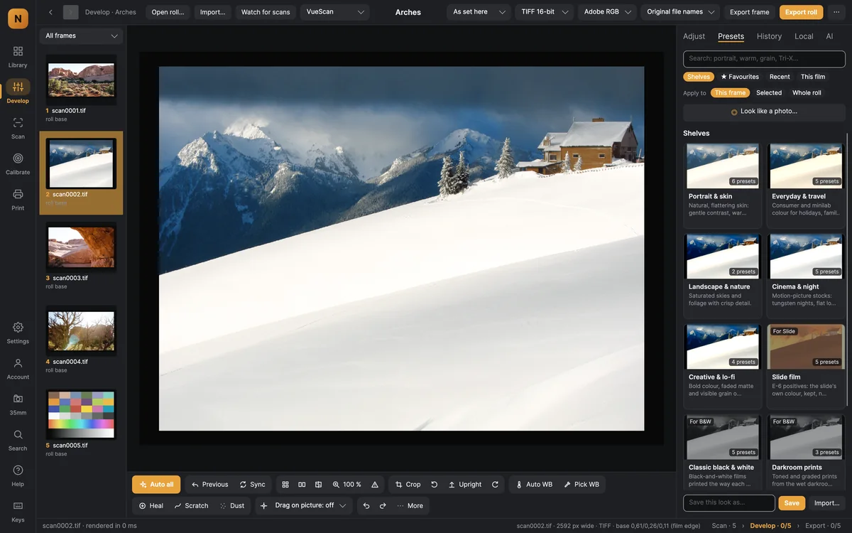 NegaKit's Presets tab: shelves of looks, each previewed on the open frame.